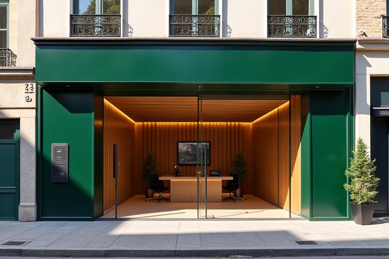 Façade moderne de bureaux à Paris, quartier du 7ème arrondissement