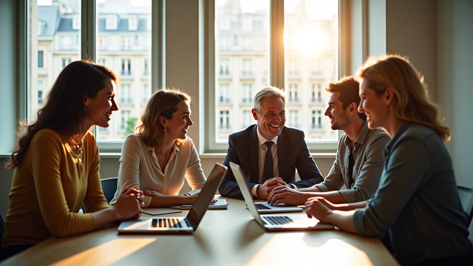 Équipe de bureau diversifiée et souriante travaillant dans un environnement moderne et lumineux