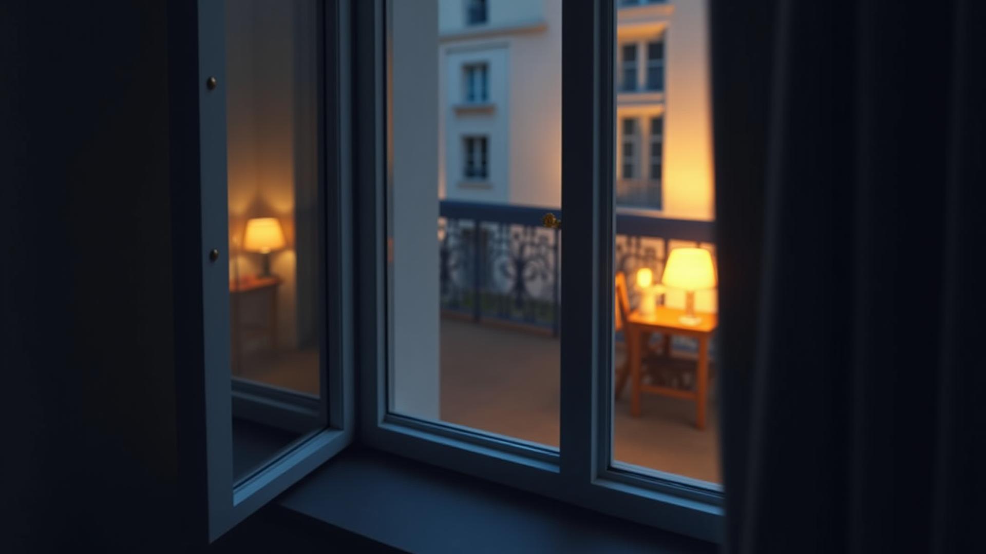 Vue paisible d'une fenêtre d'appartement parisien la nuit, lumière douce à l'intérieur