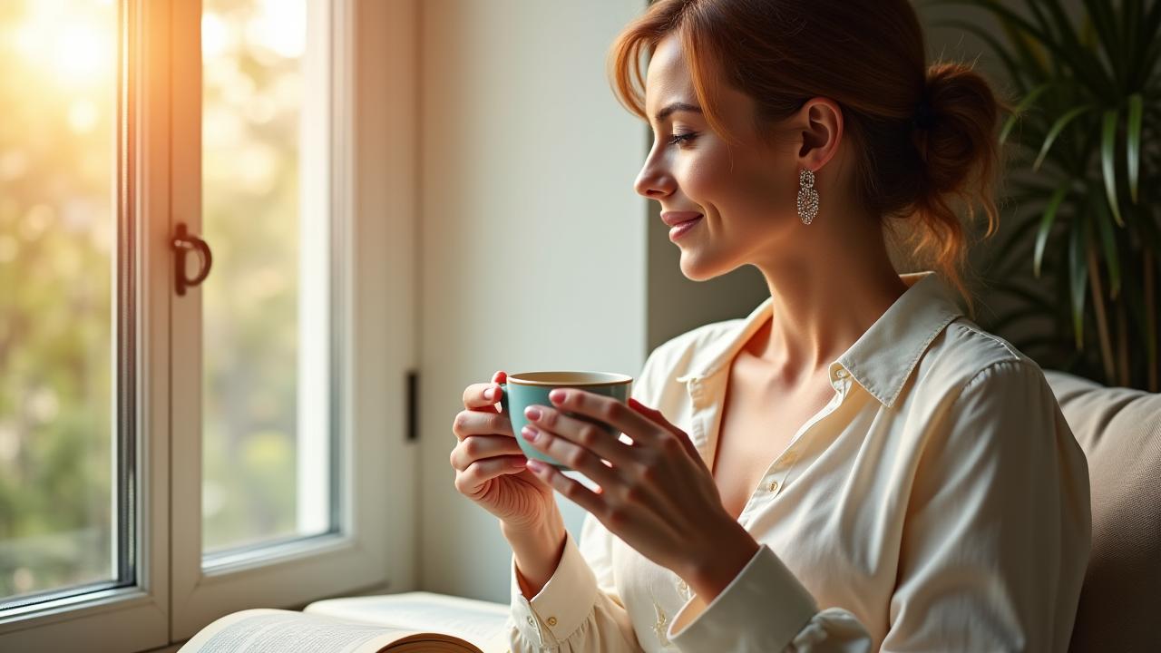 Une femme sereine dans un environnement lumineux, buvant une infusion le matin, incarnant un rituel vitalité
