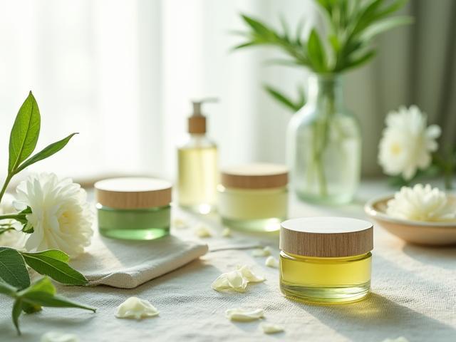 Des produits de soin naturels posés délicatement sur une surface en bois clair entourée de feuilles vertes luxuriantes.