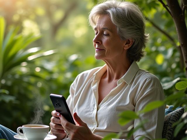 Une personne souriante posant son smartphone à côté d'une tasse de thé dans un cadre de nature apaisant.