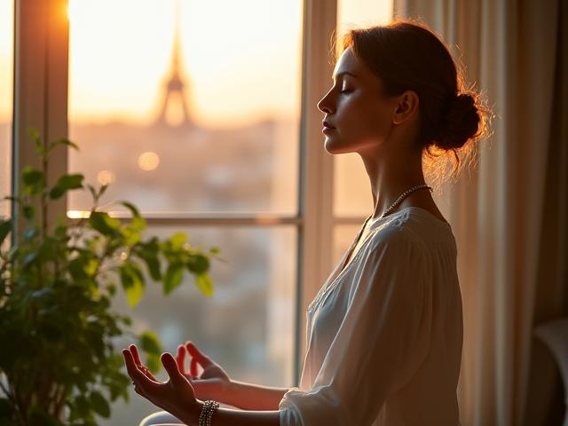 Une femme méditant paisiblement dans un cadre naturel et apaisant, avec une lumière douce du soleil.
