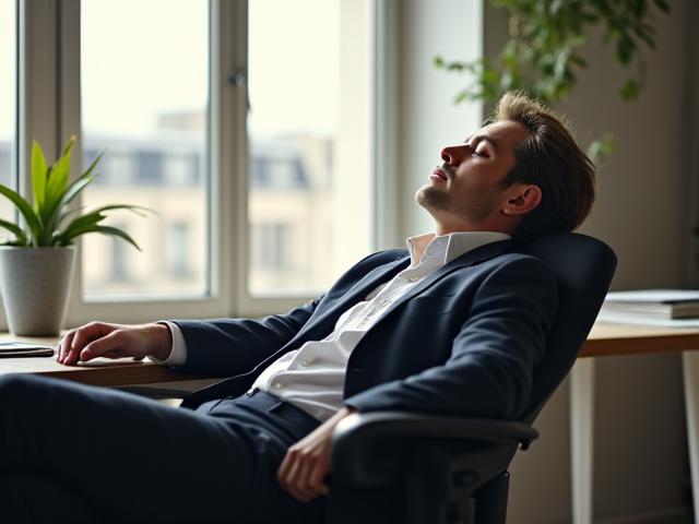 Un homme élégant se reposant brièvement dans un bureau moderne et lumineux, yeux fermés, accent sur la quiétude.