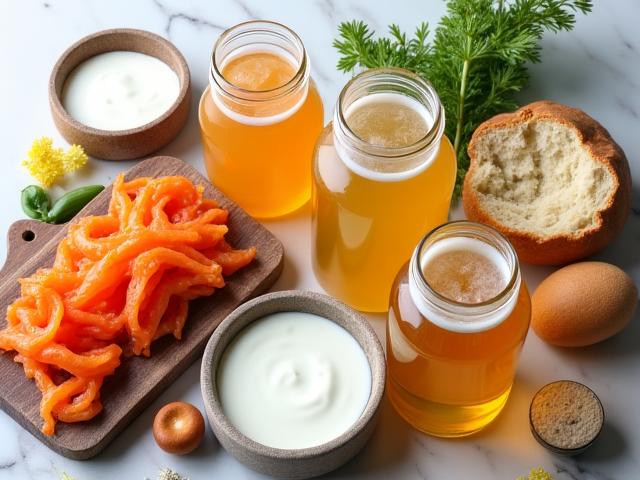 Divers aliments fermentés colorés et sains, symbolisant la nutrition intestinale.