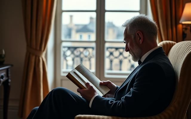 Homme de 40 ans lisant un livre dans un fauteuil confortable près d'une fenêtre à Paris, ambiance calme et lumière naturelle.