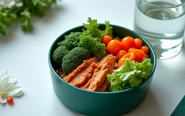 Un bento sain et coloré posé sur un bureau moderne et minimaliste, avec des légumes frais et des protéines, prêt pour le déjeuner.