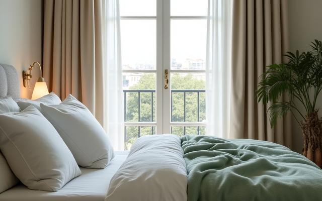Chambre parisienne moderne et sereine avec de grands oreillers doux et des rideaux occultants, lumière douce du petit matin.