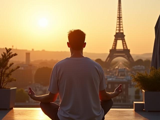Femme méditant face à la Tour Eiffel au lever du soleil, ambiance sereine