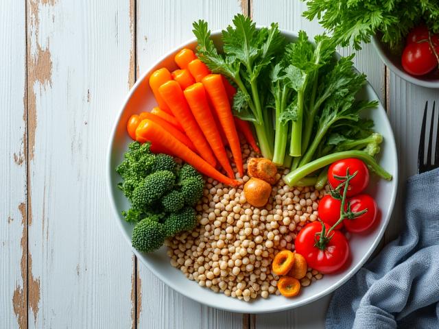 Assiette de repas équilibré et coloré sur une table en bois clair