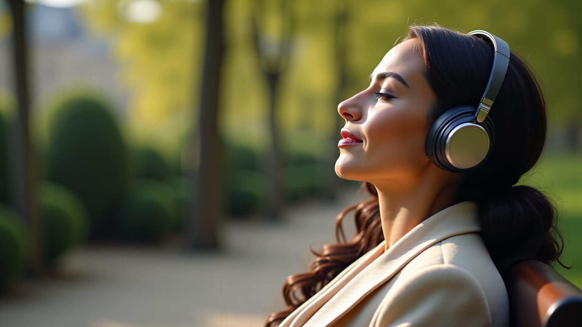 Une personne sereine méditant avec des écouteurs dans un cadre urbain paisible, suggérant la pleine conscience en ville.