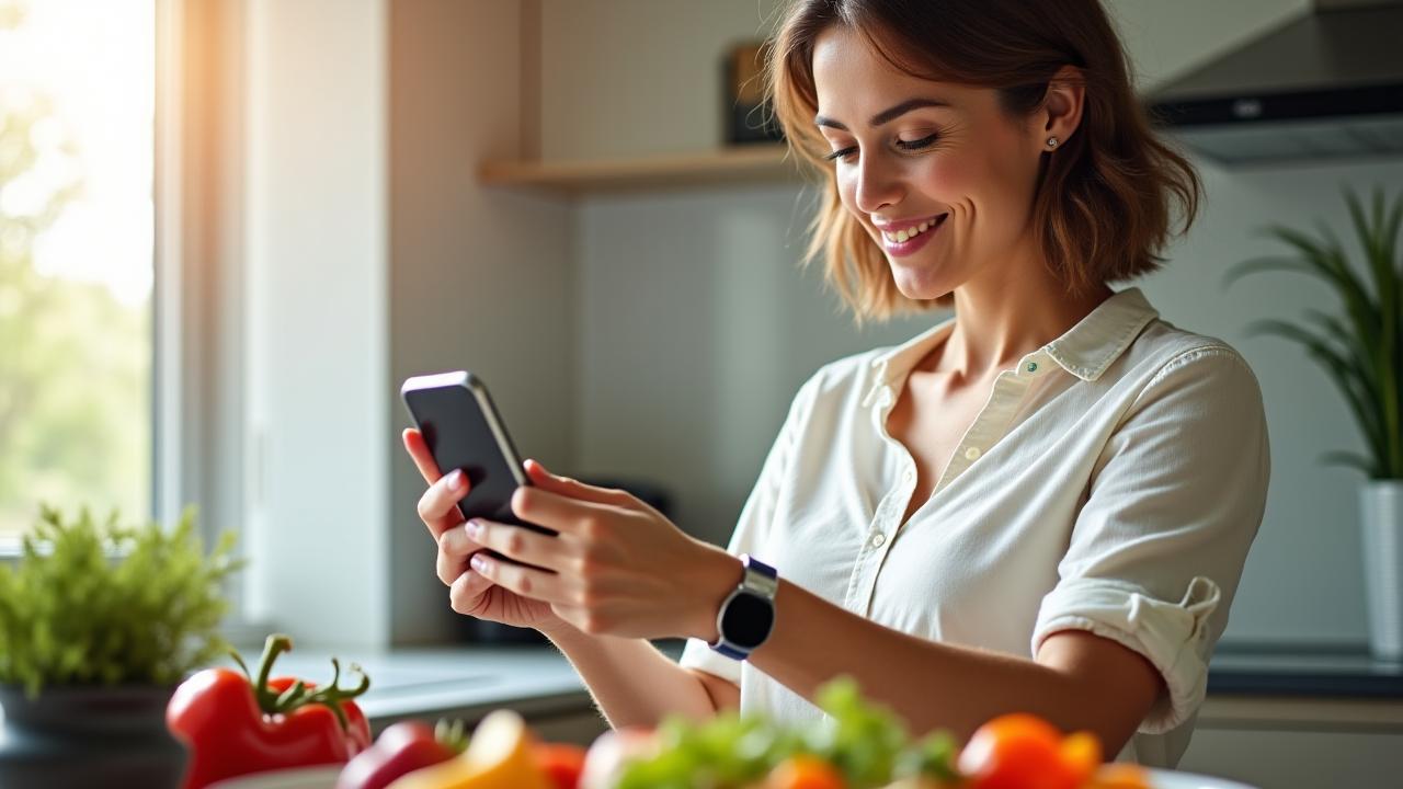 Une femme de 40 ans, sereine, utilisant un smartphone pour analyser les données d'un capteur de glucose sur son bras, avec une assiette saine et équilibrée à côté, dans une cuisine lumineuse.