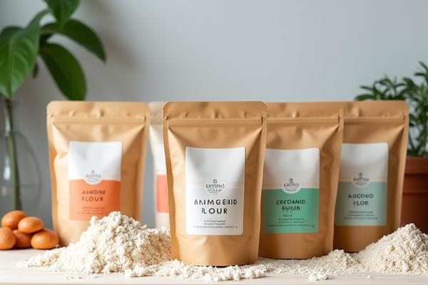 Assortiment de sacs de farine à faible indice glycémique (amande, coco, lupin) sur un plan de travail en bois clair.
