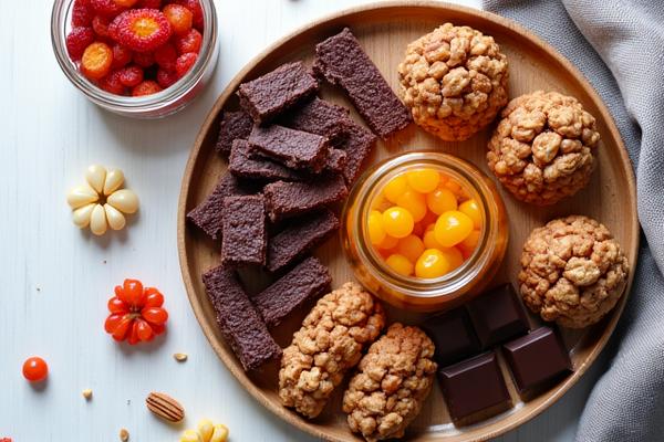 Vue de dessus de divers snacks sans sucre ajouté : barres de fruits secs, graines, chocolat noir.