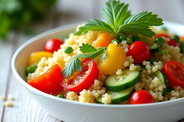 Photographie éclatante d'une salade de quinoa colorée aux légumes frais.