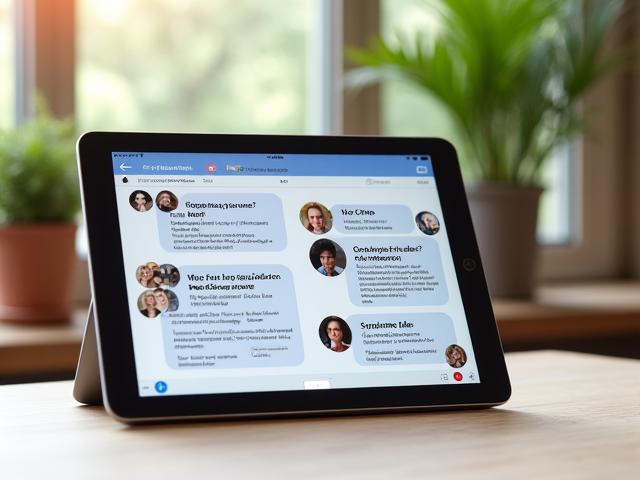 Tablette affichant un fil de discussion animé de la communauté Lumière Zen avec des avatars et des messages bienveillants.