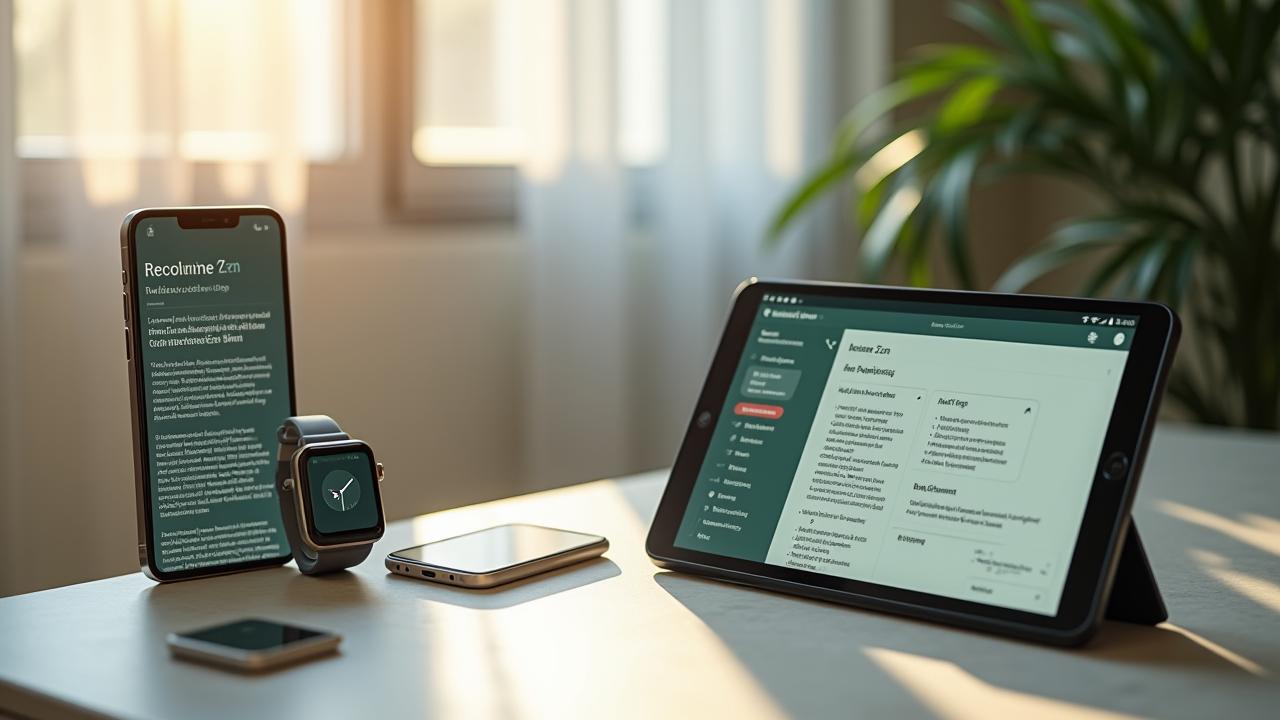 Écosystème digital Lumière Zen sur smartphone, montre connectée et tablette, illustrant la connectivité et l'intégration des services de bien-être.