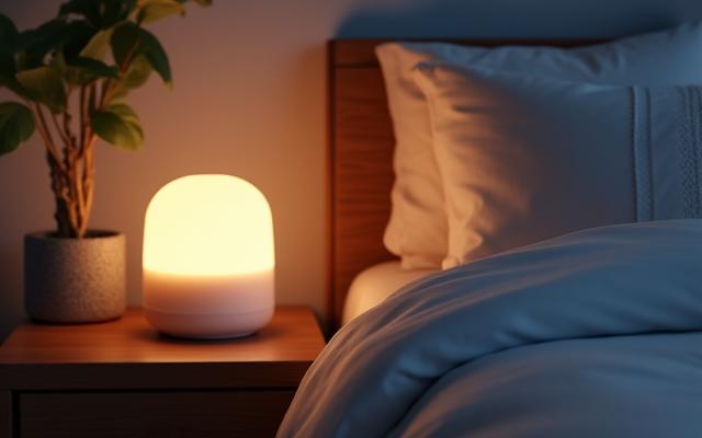 Appareil connecté pour le sommeil sur une table de chevet lumineuse