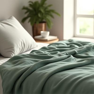 Couverture lestée posée sur un lit douillet et éclairé