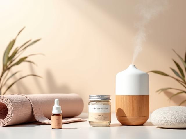 Composition esthétique de produits de bien-être personnalisés, incluant un tapis de yoga, un diffuseur d'huiles essentielles, et des compléments sur un fond clair